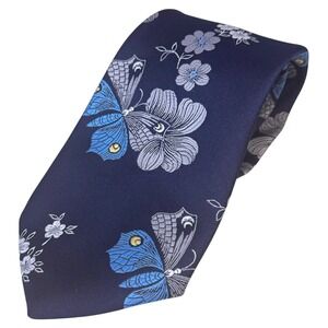 Beefeater Navy Blue Silk Butterfly Floral Necktie Mens Formal vintage.
